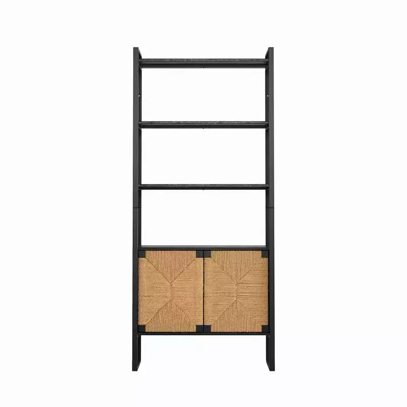 Bibliothèque de rangement avec porte d'armoire en rotin, étagère ouverte à double fonction avec armoire fermée