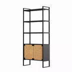 Bibliothèque de rangement avec porte d'armoire en rotin, étagère ouverte à double fonction avec armoire fermée