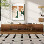 Meuble TV de 70 po avec portes à lattes, centre de divertissement avec armoires de rangement, console multimédia rétro pour téléviseurs jusqu'à 80 po