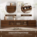 Meuble TV de 70 po avec portes à lattes, centre de divertissement avec armoires de rangement, console multimédia rétro pour téléviseurs jusqu'à 80 po