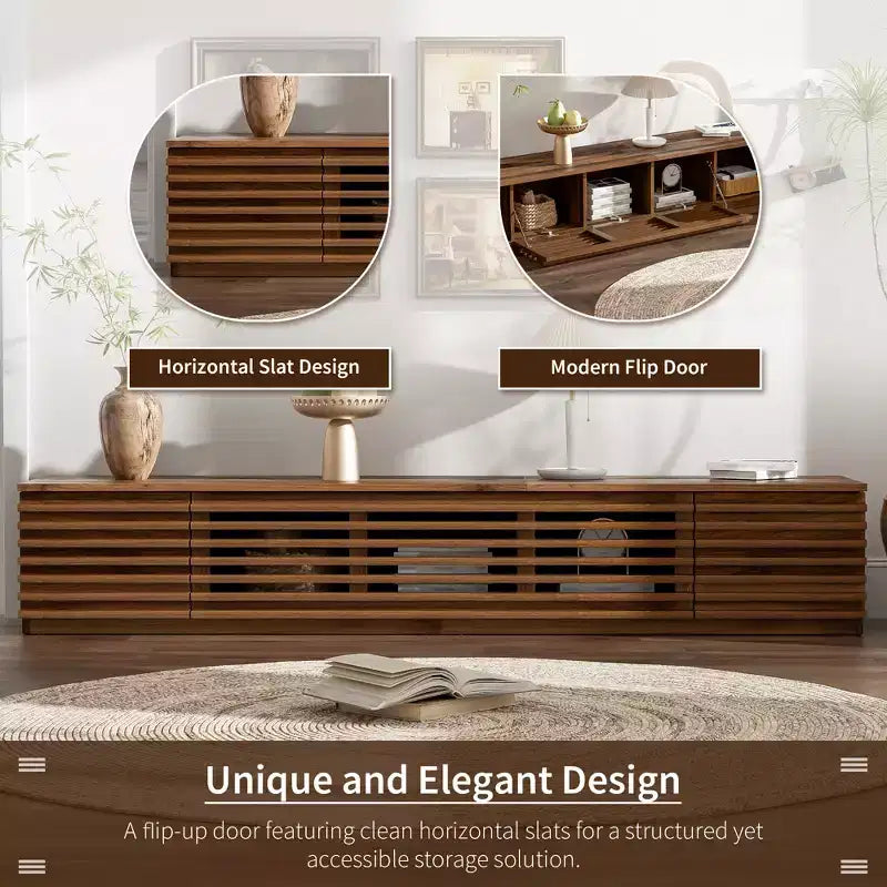 Meuble TV de 70 po avec portes à lattes, centre de divertissement avec armoires de rangement, console multimédia rétro pour téléviseurs jusqu'à 80 po
