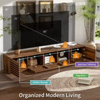 Meuble TV de 70 po avec portes à lattes, centre de divertissement avec armoires de rangement, console multimédia rétro pour téléviseurs jusqu'à 80 po