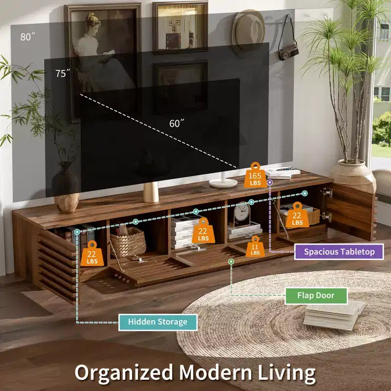 Meuble TV de 70 po avec portes à lattes, centre de divertissement avec armoires de rangement, console multimédia rétro pour téléviseurs jusqu'à 80 po