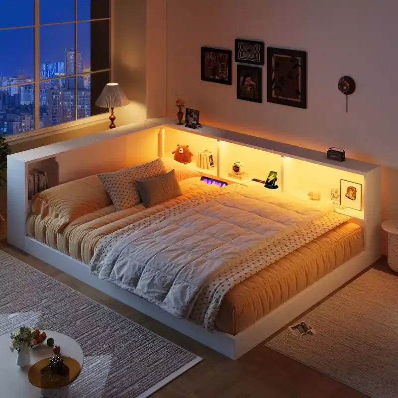 Lit de repos en bois queen size ModernLuxe avec étagères de rangement, cadre de lit plateforme moderne avec USB et LED