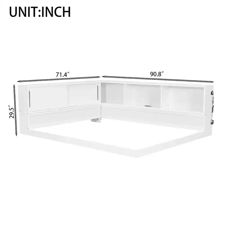 Lit de repos en bois queen size ModernLuxe avec étagères de rangement, cadre de lit plateforme moderne avec USB et LED