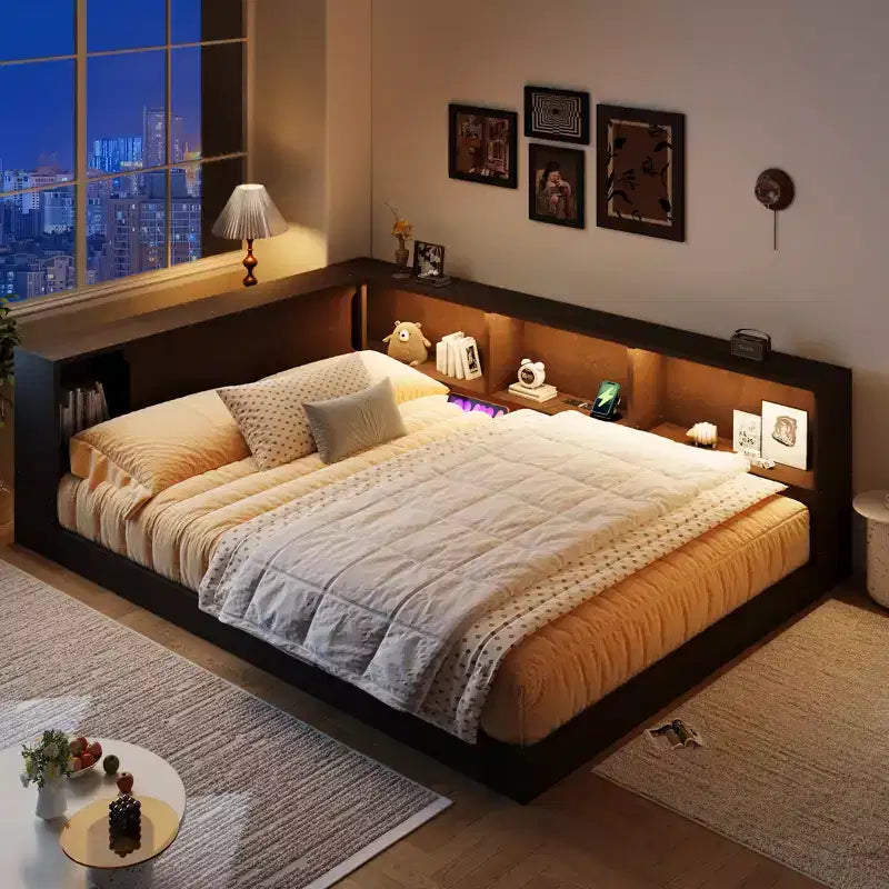 Lit de repos en bois queen size ModernLuxe avec étagères de rangement, cadre de lit plateforme moderne avec USB et LED