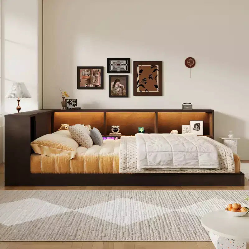 Lit de repos en bois queen size ModernLuxe avec étagères de rangement, cadre de lit plateforme moderne avec USB et LED