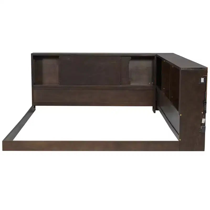 Lit de repos en bois queen size ModernLuxe avec étagères de rangement, cadre de lit plateforme moderne avec USB et LED