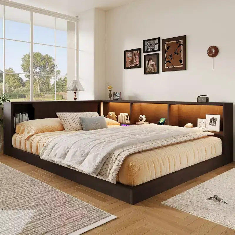 ModernLuxe Queen Size Wood Daybed with Storage Shelves, Modern Platform Bed Frame with USB and LED