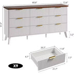 Commode moderne à 9 tiroirs pour chambre à coucher, large commode nervurée avec poignées dorées, commode en bois robuste pour salon, couloir, entrée