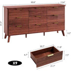Commode moderne à 9 tiroirs pour chambre à coucher, large commode nervurée avec poignées dorées, commode en bois robuste pour salon, couloir, entrée