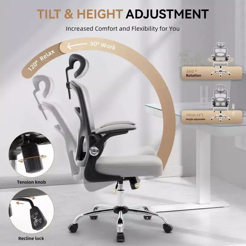 Fauteuil de bureau ergonomique à dossier haut en maille, appui-tête réglable, soutien lombaire, chaise pivotante à 360°, chaise d'ordinateur, de jeu, pour la maison ou le bureau