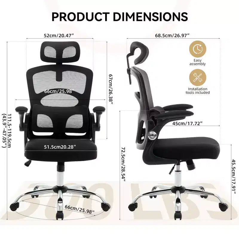 Fauteuil de bureau ergonomique à dossier haut en maille, appui-tête réglable, soutien lombaire, chaise pivotante à 360°, chaise d'ordinateur, de jeu, pour la maison ou le bureau