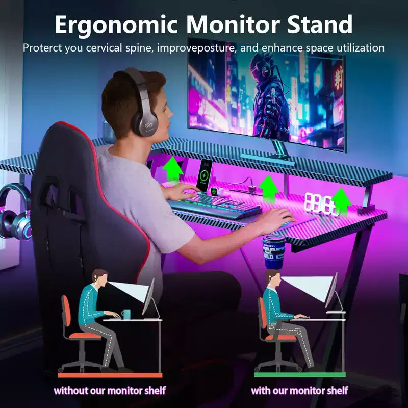 Bureau de gamer noir de 40 pouces, compact, en L, avec support d'écran et 3 étagères de rangement, en fibre de carbone