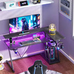 Bureau de gamer noir de 40 pouces, compact, en L, avec support d'écran et 3 étagères de rangement, en fibre de carbone