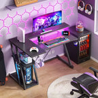 Bureau de gamer noir de 40 pouces, compact, en L, avec support d'écran et 3 étagères de rangement, en fibre de carbone