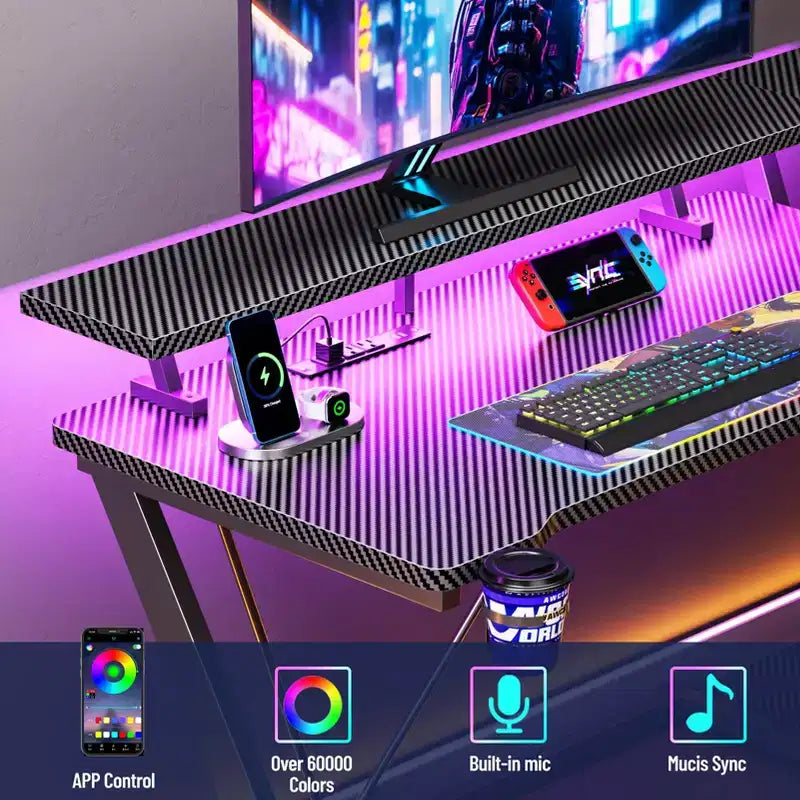 Bureau de gamer noir de 40 pouces, compact, en L, avec support d'écran et 3 étagères de rangement, en fibre de carbone