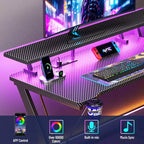 Bureau de gamer noir de 40 pouces, compact, en L, avec support d'écran et 3 étagères de rangement, en fibre de carbone