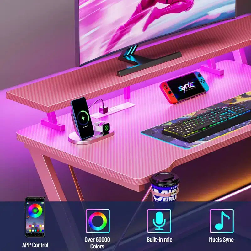 Bureau de jeu rose de 47 pouces en fibre de carbone, en forme de L, avec support d'écran, étagères de rangement à 3 niveaux pour ordinateur de jeu, bureau d'écriture pour la maison et le bureau