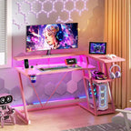 Bureau de jeu rose de 47 pouces en fibre de carbone, en forme de L, avec support d'écran, étagères de rangement à 3 niveaux pour ordinateur de jeu, bureau d'écriture pour la maison et le bureau