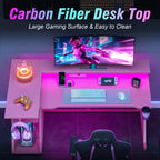 Bureau de jeu rose de 47 pouces en fibre de carbone, en forme de L, avec support d'écran, étagères de rangement à 3 niveaux pour ordinateur de jeu, bureau d'écriture pour la maison et le bureau