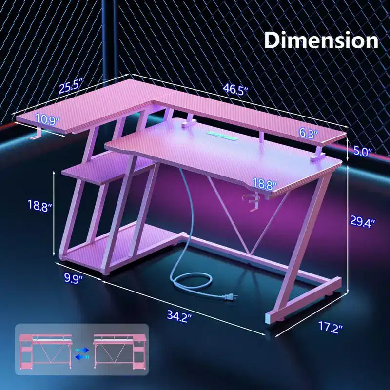 Bureau de jeu rose de 47 pouces en fibre de carbone, en forme de L, avec support d'écran, étagères de rangement à 3 niveaux pour ordinateur de jeu, bureau d'écriture pour la maison et le bureau