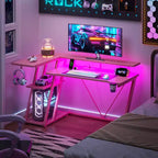 Bureau de jeu rose de 47 pouces en fibre de carbone, en forme de L, avec support d'écran, étagères de rangement à 3 niveaux pour ordinateur de jeu, bureau d'écriture pour la maison et le bureau