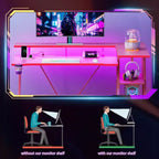 Bureau de jeu rose de 47 pouces en fibre de carbone, en forme de L, avec support d'écran, étagères de rangement à 3 niveaux pour ordinateur de jeu, bureau d'écriture pour la maison et le bureau