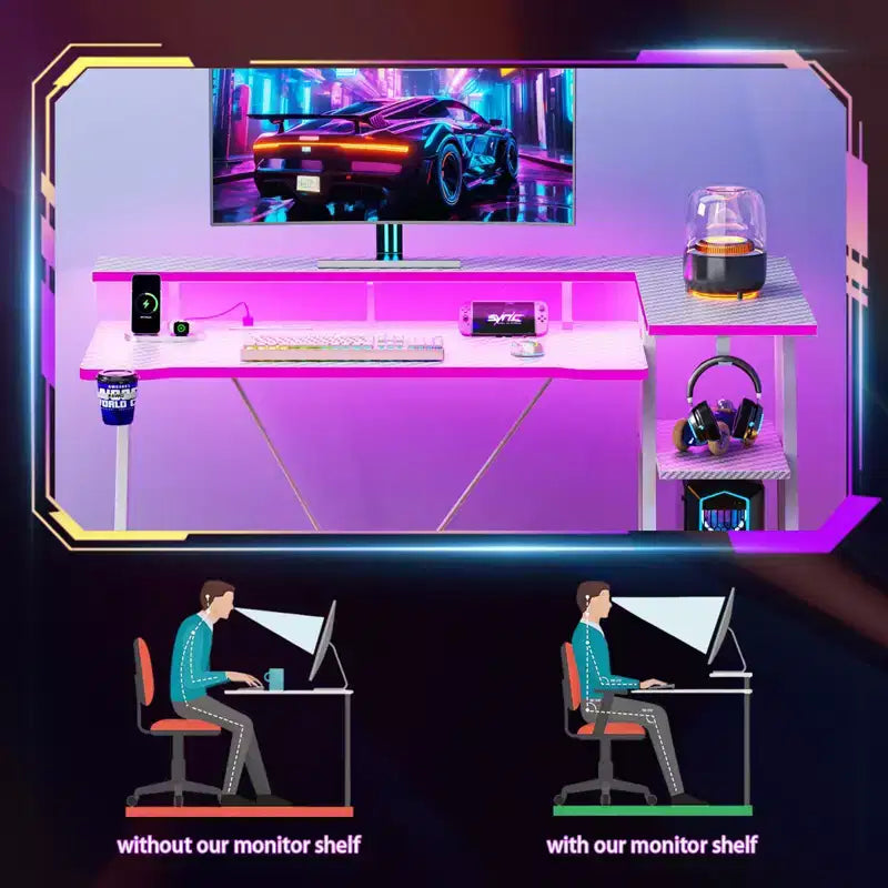 Bureau de jeu blanc en L de 47 pouces avec support d'écran et 3 étagères de rangement pour chambre, bureau à domicile et installation PC – Table de travail robuste