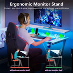 Bureau de jeu blanc en L de 47 pouces avec support d'écran et 3 étagères de rangement pour chambre, bureau à domicile et installation PC – Table de travail robuste
