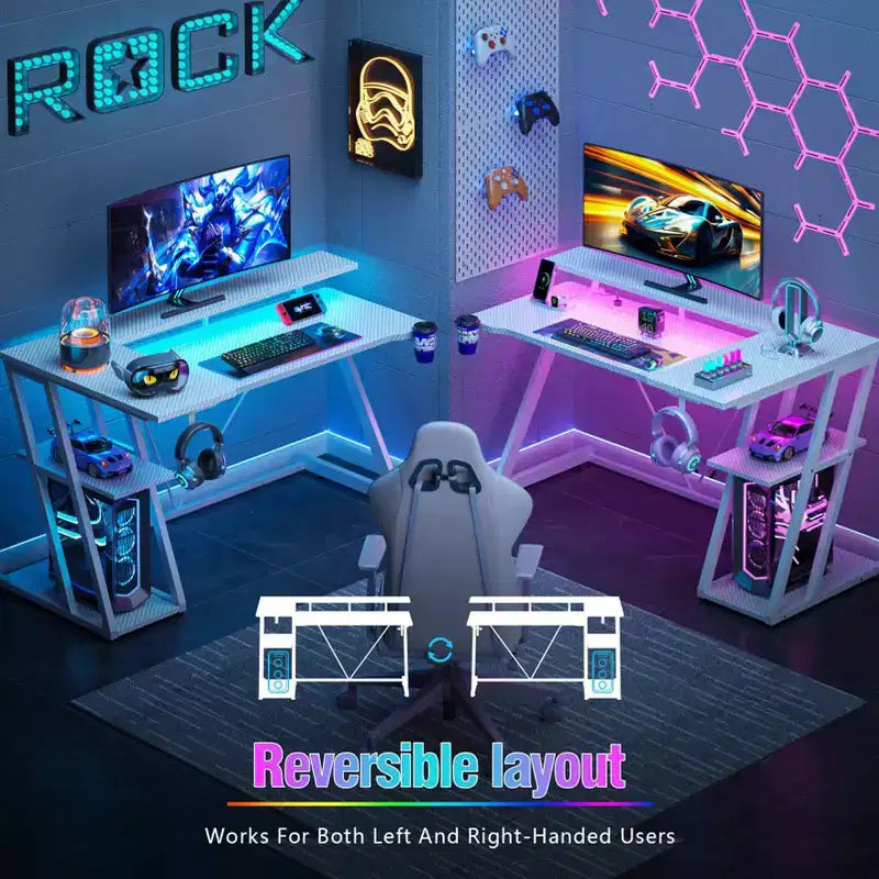 Bureau de jeu blanc en L de 47 pouces avec support d'écran et 3 étagères de rangement pour chambre, bureau à domicile et installation PC – Table de travail robuste