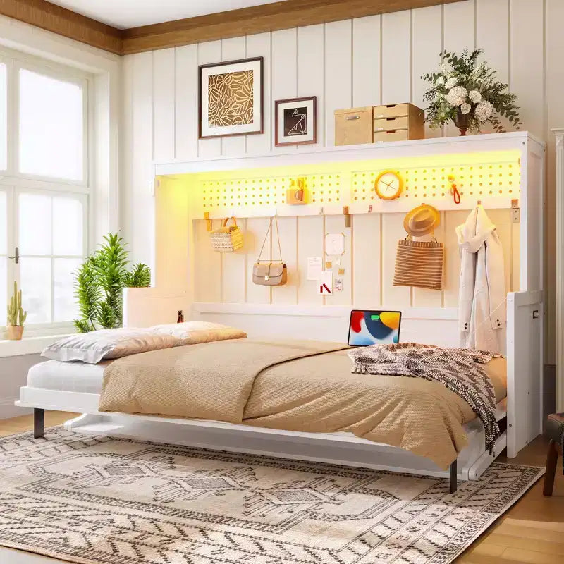 Lit escamotable ModernLuxe Queen/Full Size avec bureau et lumières LED, lit mural pliant peu encombrant avec station de recharge USB