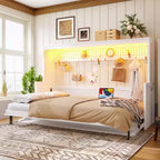 Lit escamotable ModernLuxe Queen/Full Size avec bureau et lumières LED, lit mural pliant peu encombrant avec station de recharge USB