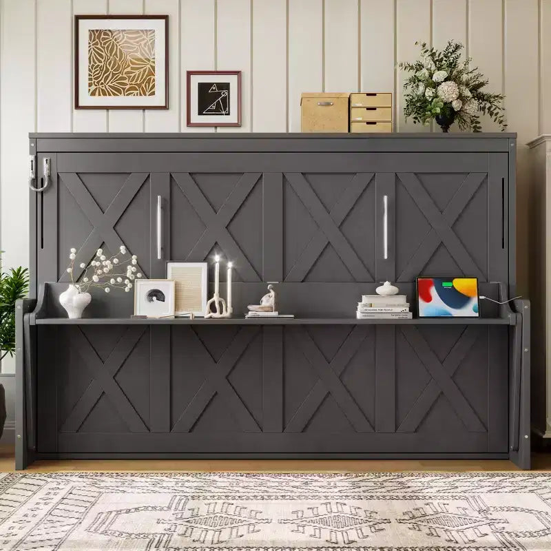 Lit escamotable ModernLuxe Queen/Full Size avec bureau et lumières LED, lit mural pliant peu encombrant avec station de recharge USB