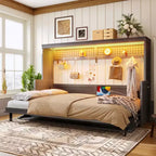 Lit escamotable ModernLuxe Queen/Full Size avec bureau et lumières LED, lit mural pliant peu encombrant avec station de recharge USB