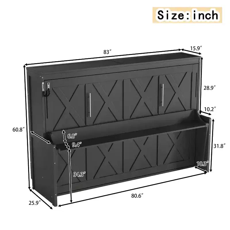 Lit escamotable ModernLuxe Queen/Full Size avec bureau et lumières LED, lit mural pliant peu encombrant avec station de recharge USB