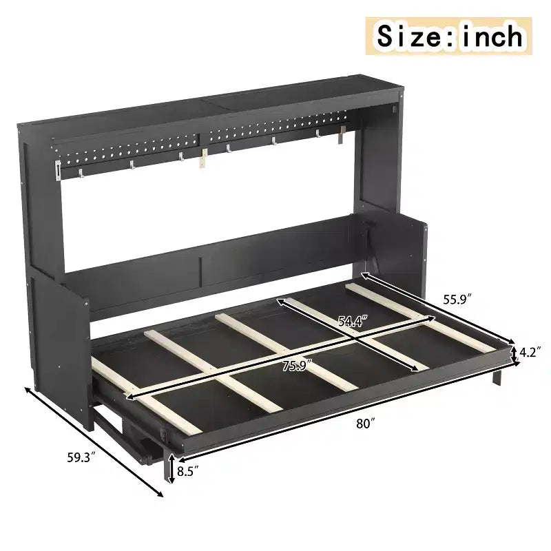 Lit escamotable ModernLuxe Queen/Full Size avec bureau et lumières LED, lit mural pliant peu encombrant avec station de recharge USB