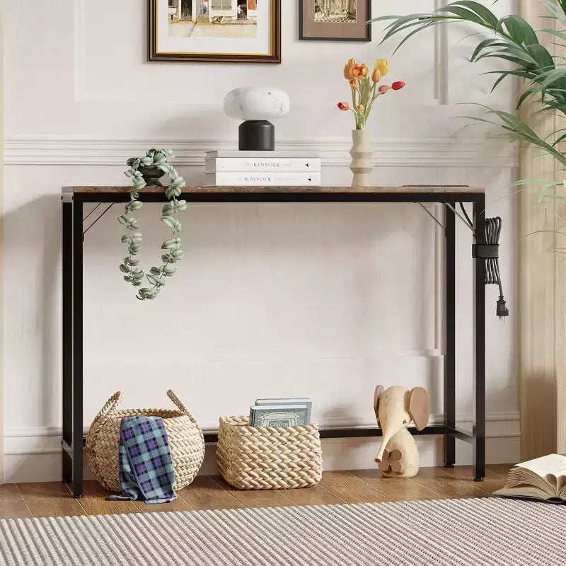 Console étroite et mince avec station de recharge, prises de courant et ports USB, table d'entrée en métal et MDF avec rangement pour salon et couloir
