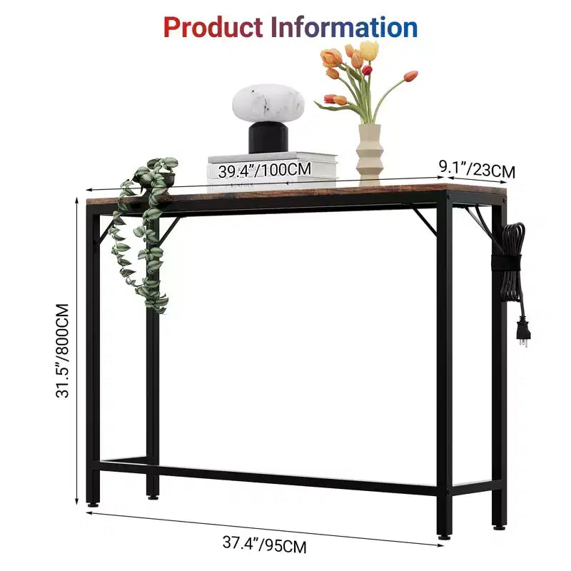 Console étroite et mince avec station de recharge, prises de courant et ports USB, table d'entrée en métal et MDF avec rangement pour salon et couloir