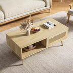 Table basse Bohème en rotin, 39,4 po, table basse moderne avec porte coulissante et étagère ouverte, table de salon en bois avec patins antidérapants