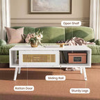 Table basse Bohème en rotin, 39,4 po, table basse moderne avec porte coulissante et étagère ouverte, table de salon en bois avec patins antidérapants