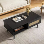 Table basse Bohème en rotin, 39,4 po, table basse moderne avec porte coulissante et étagère ouverte, table de salon en bois avec patins antidérapants