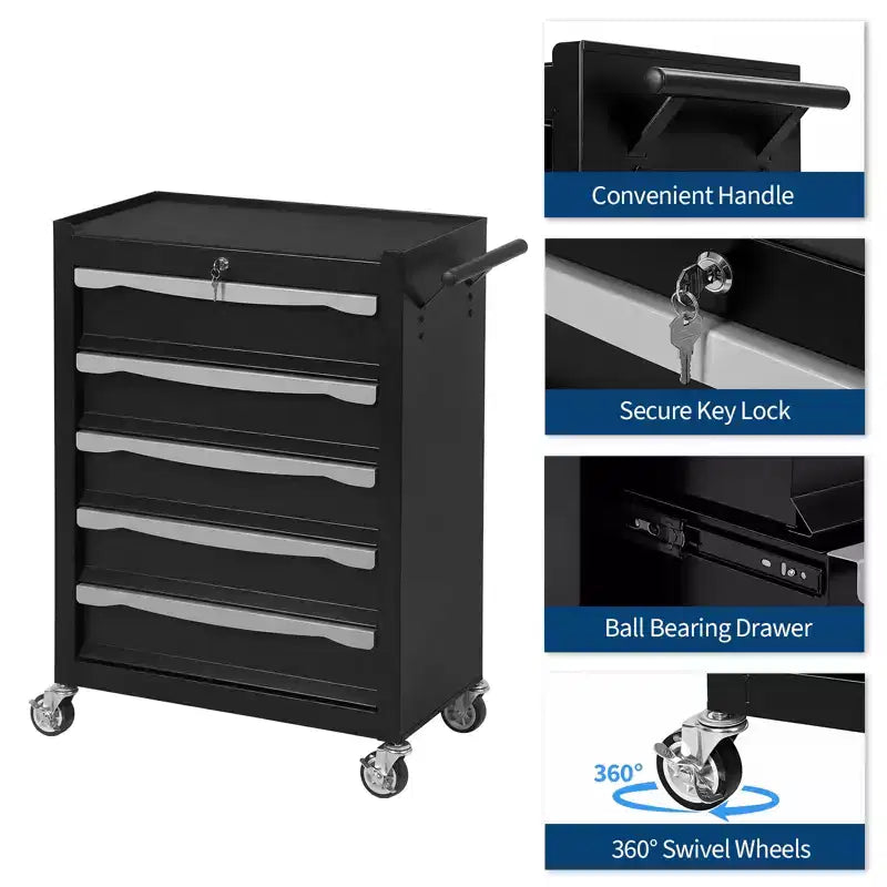 Servante d'atelier à roulettes, Grand meuble de rangement pour outils, avec serrure à clé, tapis de tiroir, pour garage, atelier, entrepôt