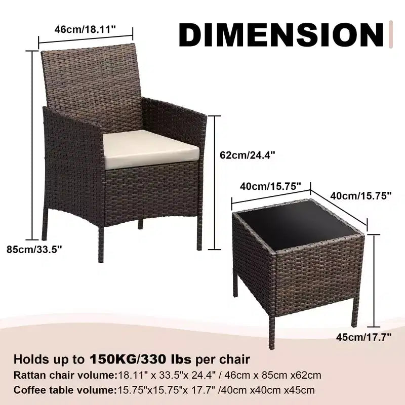 Ensemble de mobilier de patio 3 pièces COZONY avec 2 chaises en rotin et 1 table basse en verre, ensemble de conversation extérieur pour balcon, jardin, sièges de piscine
