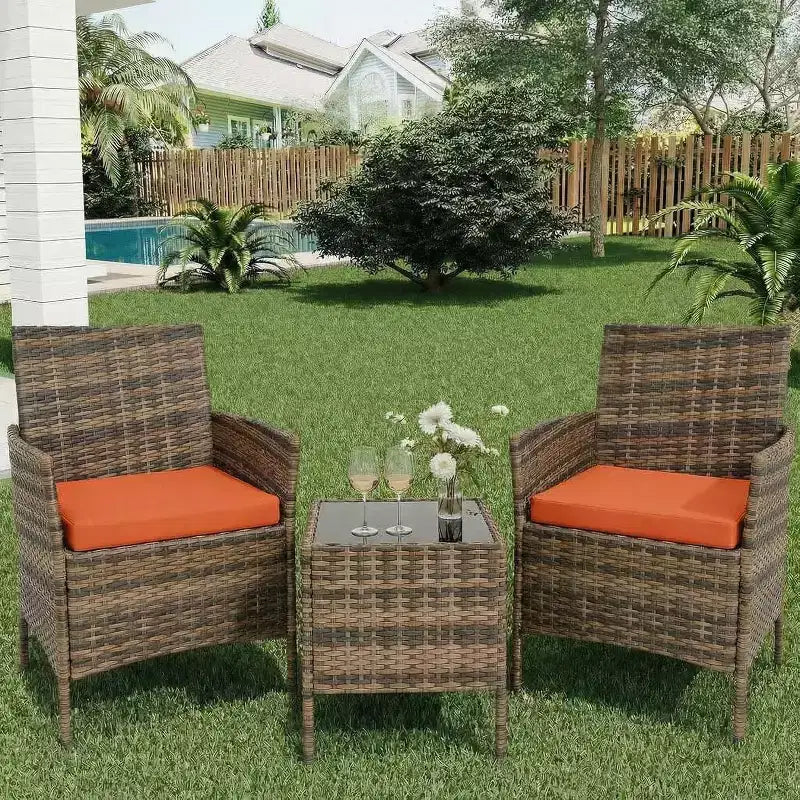 Ensemble de mobilier de patio 3 pièces COZONY avec 2 chaises en rotin et 1 table basse en verre, ensemble de conversation extérieur pour balcon, jardin, sièges de piscine
