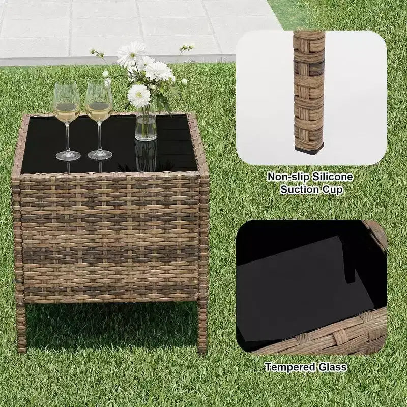 Ensemble de mobilier de patio 3 pièces COZONY avec 2 chaises en rotin et 1 table basse en verre, ensemble de conversation extérieur pour balcon, jardin, sièges de piscine