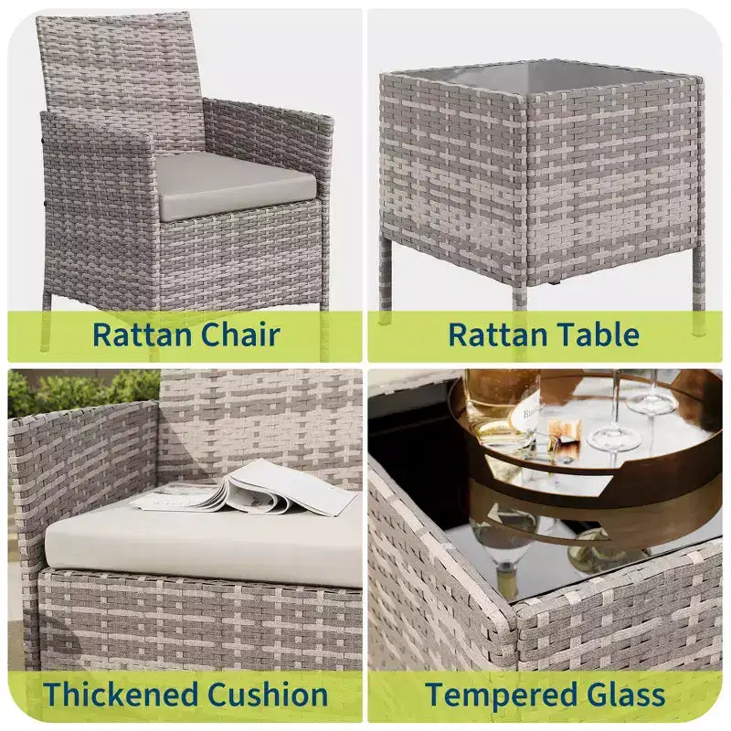 Ensemble de mobilier de patio 3 pièces COZONY avec 2 chaises en rotin et 1 table basse en verre, ensemble de conversation extérieur pour balcon, jardin, sièges de piscine