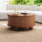 Table basse ronde Whisen 31,8 po avec rangement à porte coulissante dissimulée et base cannelée pour salon