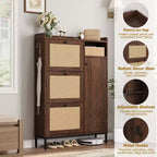Meuble à chaussures 4 niveaux Acekool en rotin avec 3 tiroirs basculants, organiseur d'entrée peu encombrant pour couloir et placard