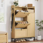 Acekool Rattan 4-Tier Shoe Cabinet with 3 Flip Drawers, Space-Saving Entryway Organizer for Hallway & Closet